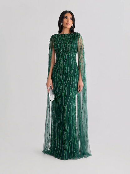 Faramah Drape Sleeves Embellished Fitted Sequin Modest Evening Dress