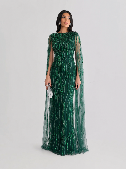 Faramah Drape Sleeves Embellished Fitted Sequin Modest Evening Dress