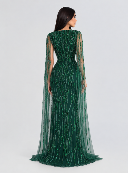 Faramah Drape Sleeves Embellished Fitted Sequin Modest Evening Dress