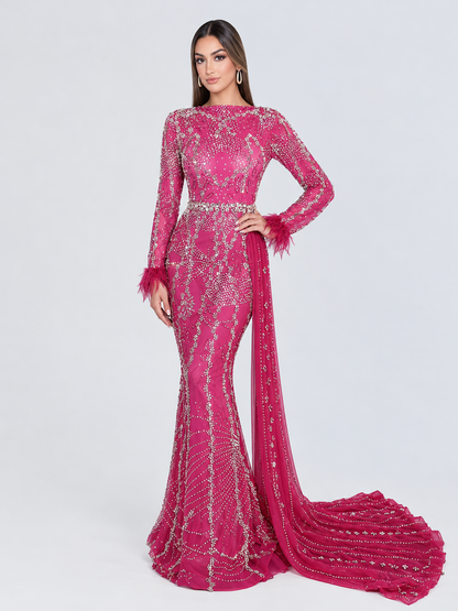 The Farida Fuchsia Gown with Feather Cuffs and Side Skirt