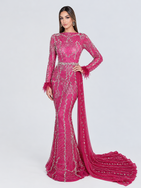 The Farida Fuchsia Gown with Feather Cuffs and Side Skirt