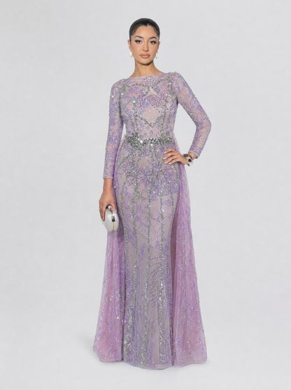 Fariza Long Sleeve Modest Beaded Embellished Evening Dress