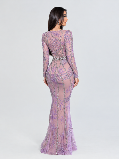 Fariza Long Sleeve Modest Beaded Embellished Evening Dress