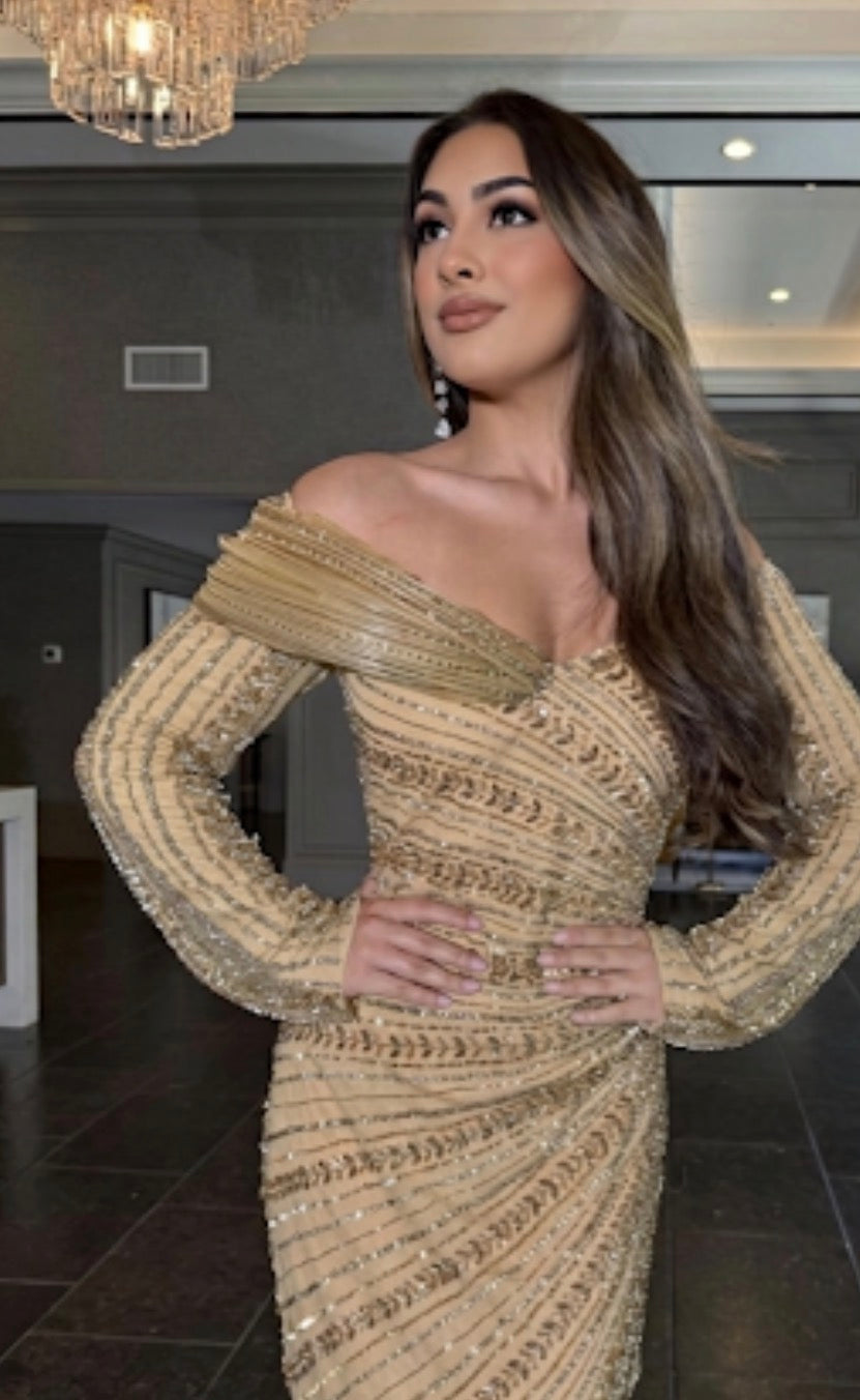 Shazia Embellished Off the Shoulder Long Sleeves with Structured Silhouette