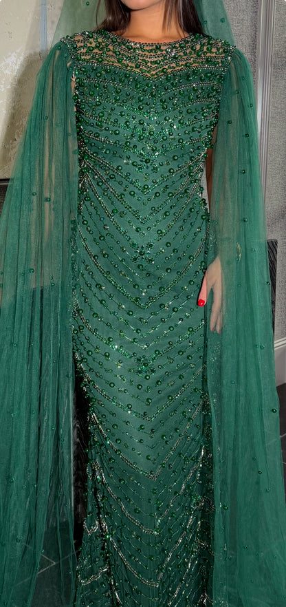 Marwa Emerald Green Drape Sleeve Nikkah dress with matching veil