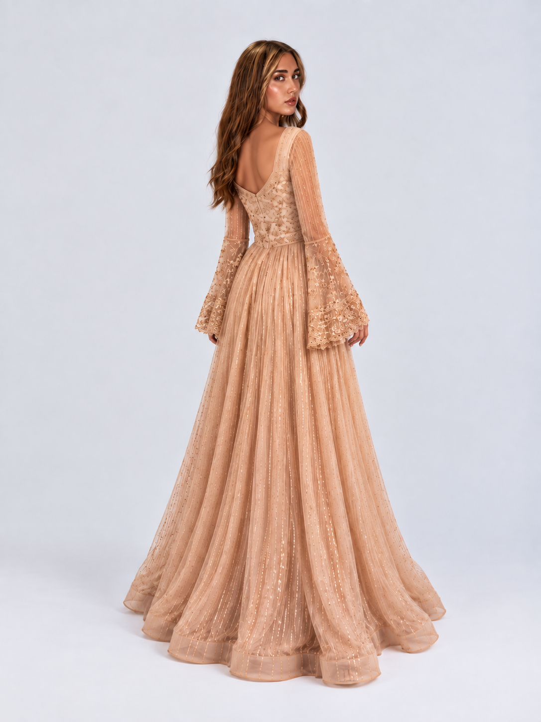 Hiba Bell Sleeves Scalloped-edge Cuffs V-neckline Embellished Gown