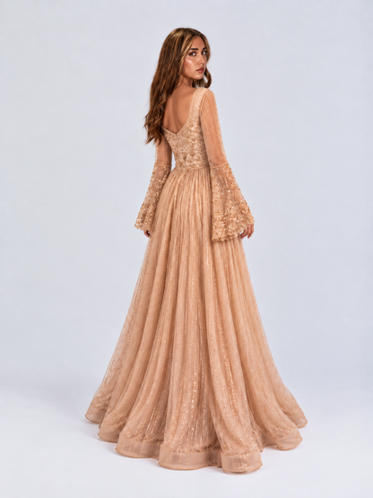 Hiba Bell Sleeves Scalloped-edge Cuffs V-neckline Embellished Gown