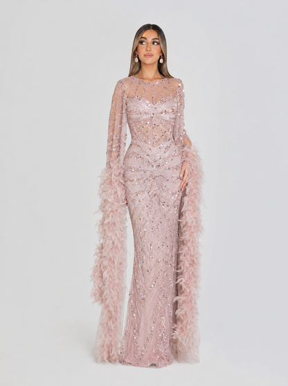 Hadia Blush Feather-Trim Embellished Gown