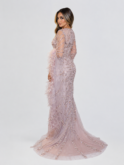 Hadia Blush Feather-Trim Embellished Gown