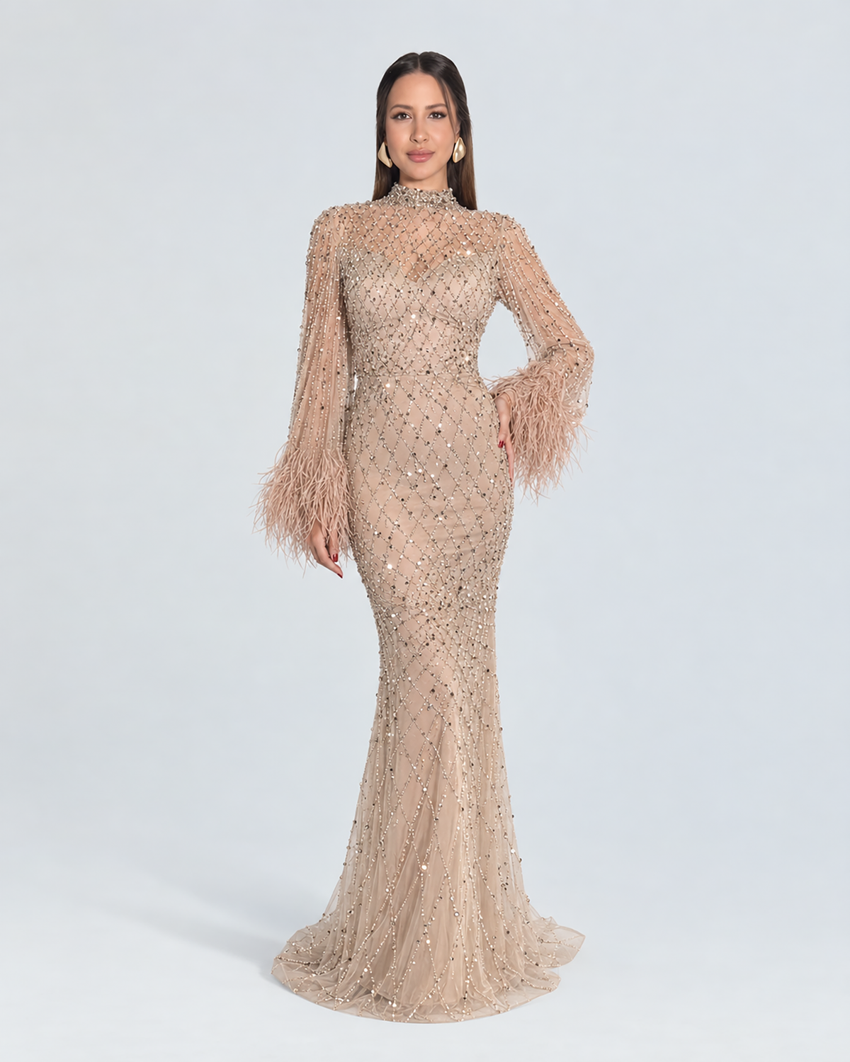 Hasina Modest Neckline Flare Long Sleeve Embellished Feather Dress