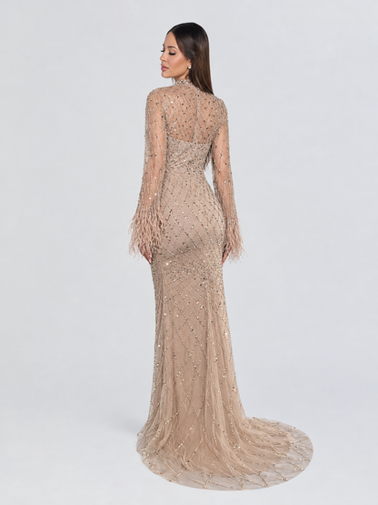 Hasina Modest Neckline Flare Long Sleeve Embellished Feather Dress