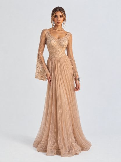 Hiba Bell Sleeves Scalloped-edge Cuffs V-neckline Embellished Gown