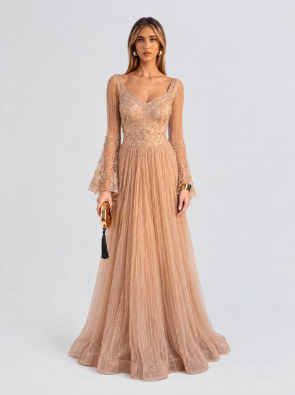 Hiba Bell Sleeves Scalloped-edge Cuffs V-neckline Embellished Gown