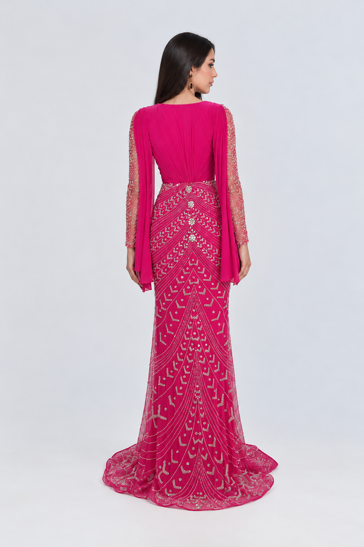 Hosai Embellished Dramatic Long Sleeve Modest Evening Dress