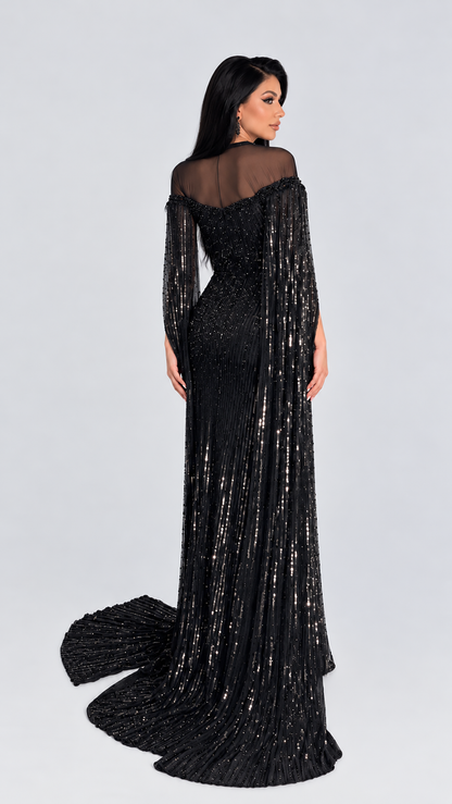 Hosna Long Sleeve drape Sequin Embellished Modest Dress
