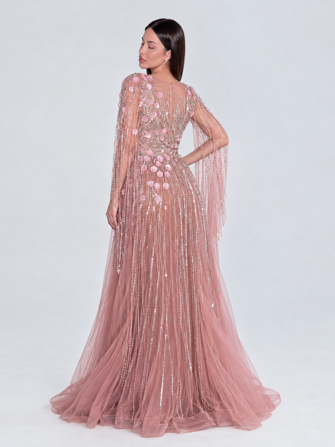 Inaya Long Drape Sleeves Beaded A-line Gown