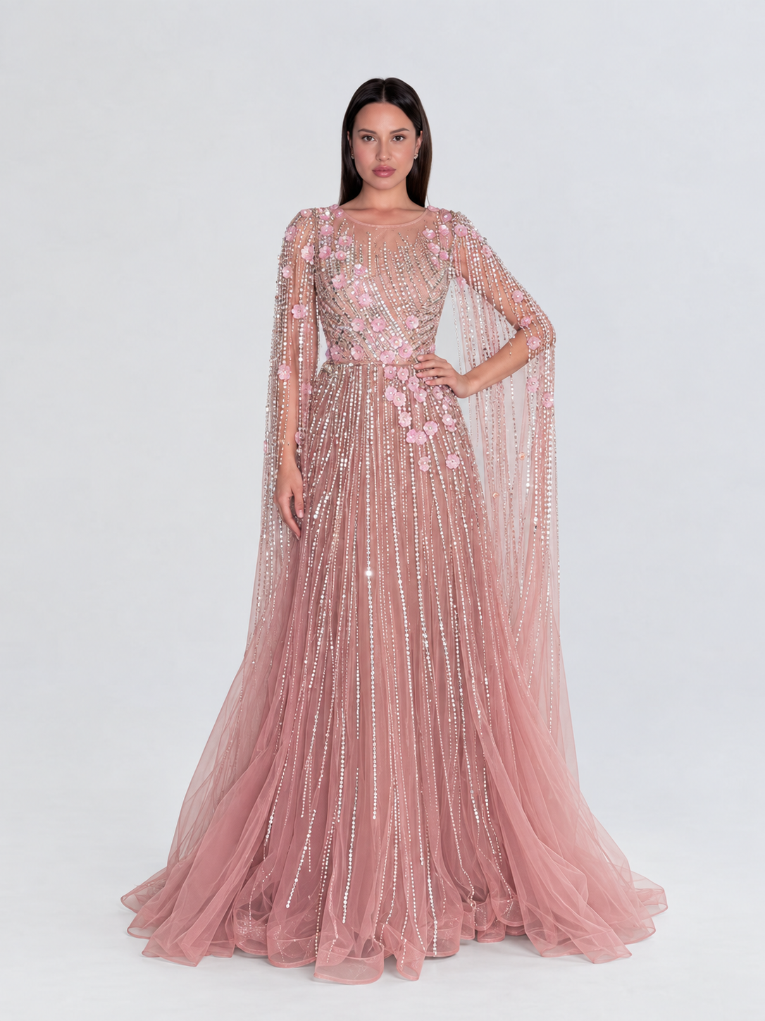 Inaya Long Drape Sleeves Beaded A-line Gown
