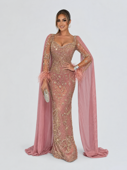 Katar Embellished Cape Evening Gown with Feather Cuffs