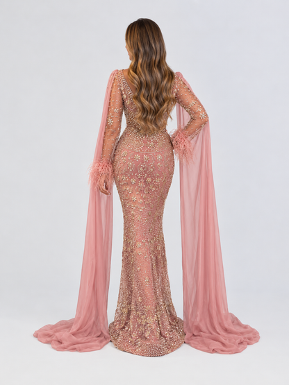 Katar Embellished Cape Evening Gown with Feather Cuffs