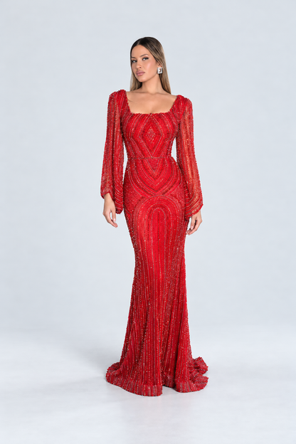 Lailah Modest Long Drape Sleeves Beaded Red Gown