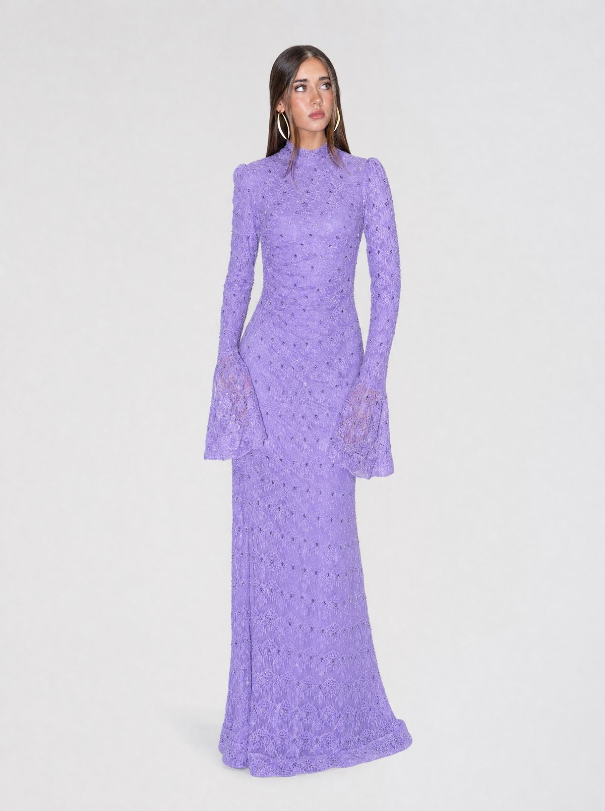 Lila High Neckline Long Fitted Sleeves Floral Lace