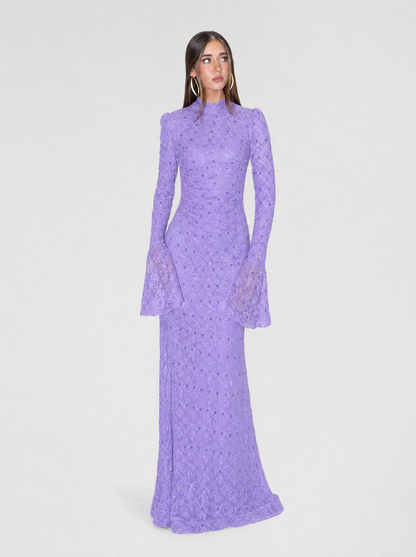 Lila High Neckline Long Fitted Sleeves Floral Lace