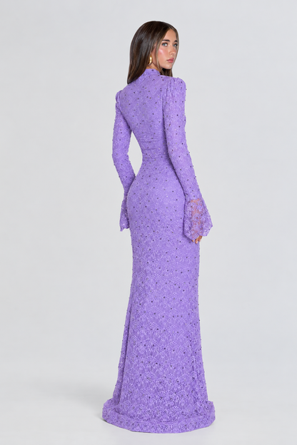 Lila High Neckline Long Fitted Sleeves Floral Lace