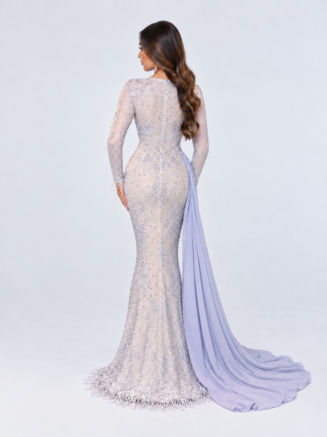 Mariya High Neckline Long Fitted Sleeves Floor-length Gown