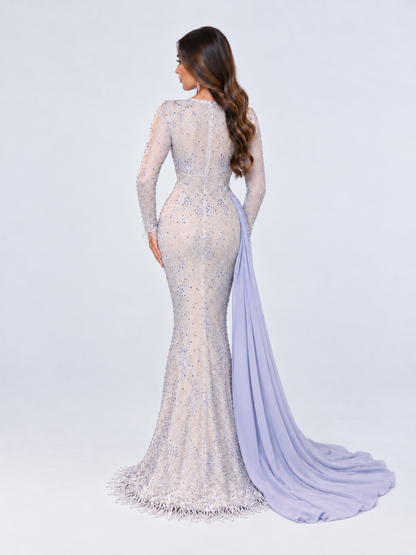 Mariya High Neckline Long Fitted Sleeves Floor-length Gown