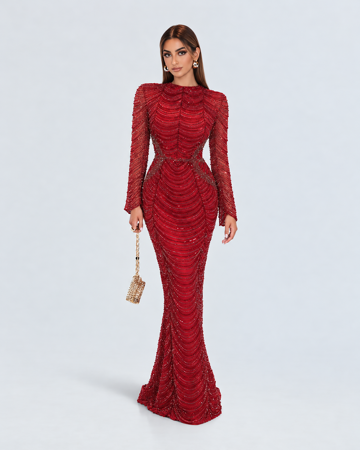 The Malinah Modest Beaded Long Sleeve A Line Drape Sleeve
