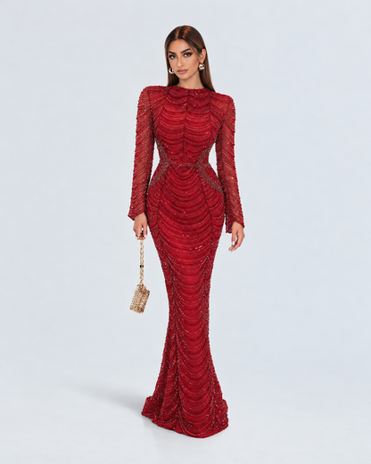 The Malinah Modest Beaded Long Sleeve A Line Drape Sleeve