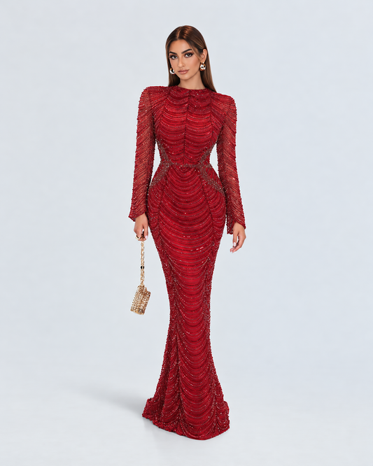 The Malinah Modest Beaded Long Sleeve A Line Drape Sleeve