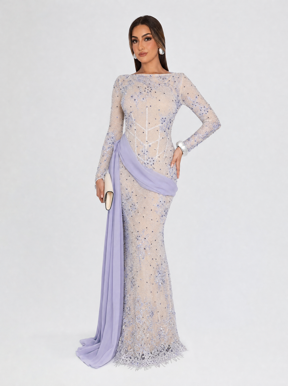 Mariya High Neckline Long Fitted Sleeves Floor-length Gown