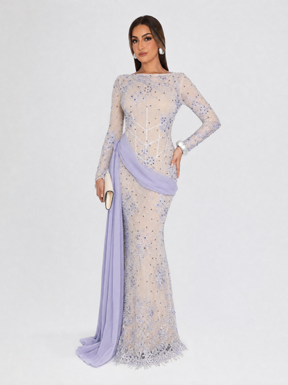 Mariya High Neckline Long Fitted Sleeves Floor-length Gown