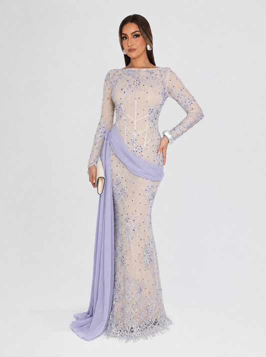 Mariya High Neckline Long Fitted Sleeves Floor-length Gown