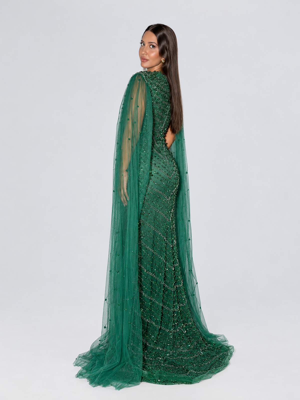 Marwa Emerald Green Drape Sleeve Nikkah dress with matching veil