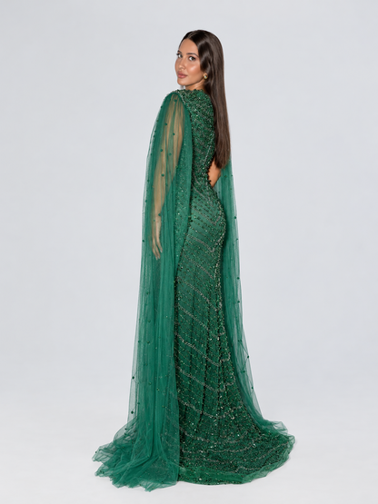 Marwa Emerald Green Drape Sleeve Nikkah dress with matching veil