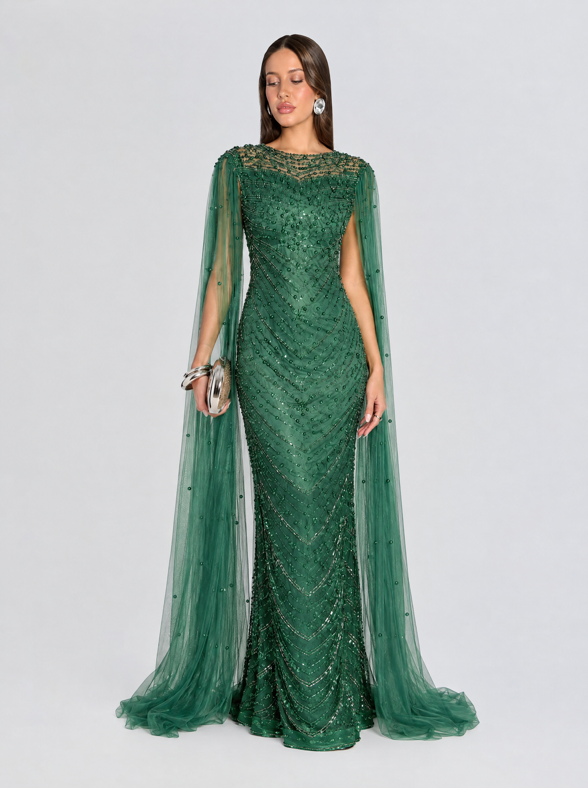 Marwa Emerald Green Drape Sleeve Nikkah dress with matching veil