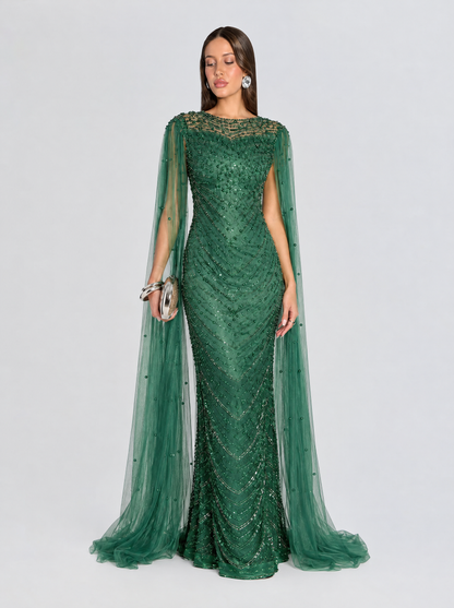 Marwa Emerald Green Drape Sleeve Nikkah dress with matching veil