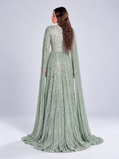 Nilah Modest A-Line Embellished Cape Sleeve Dress