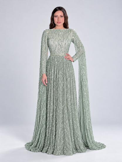 Nilah Modest A-Line Embellished Cape Sleeve Dress