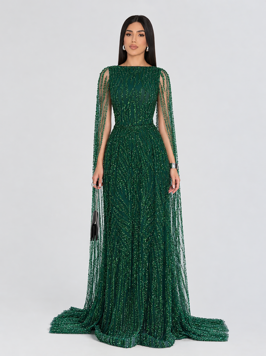 Nilah Modest A-Line Embellished Cape Sleeve Dress