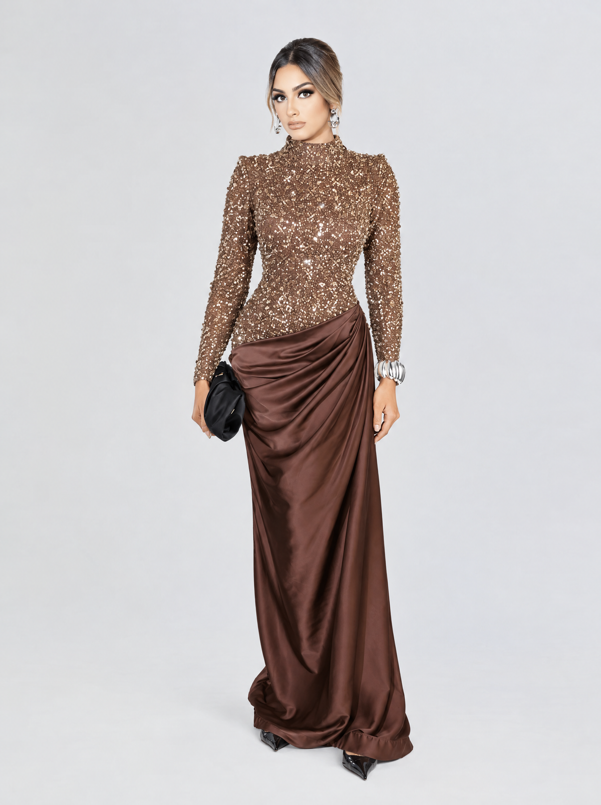 Ninah Sequin Luxe Draped Evening Gown