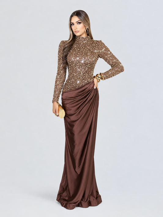 Ninah Sequin Luxe Draped Evening Gown