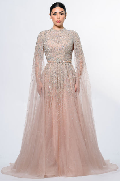 Noor Modest Long Drape Sleeves Beaded A-line Gown Iyza Belaar Noor Modest Long Drape Sleeves Beaded A-line Gown Iyza Belaar