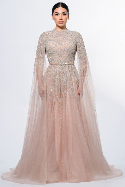 Noor Modest Long Drape Sleeves Beaded A-line Gown – Iyza Belaar