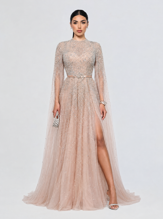 Noor Modest Long Drape Sleeves Beaded A-line Gown