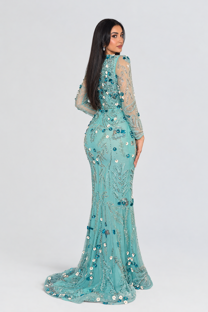 Raihana Long Sleeve High Neck Floral Sequin Embellished Modest Evening Dress