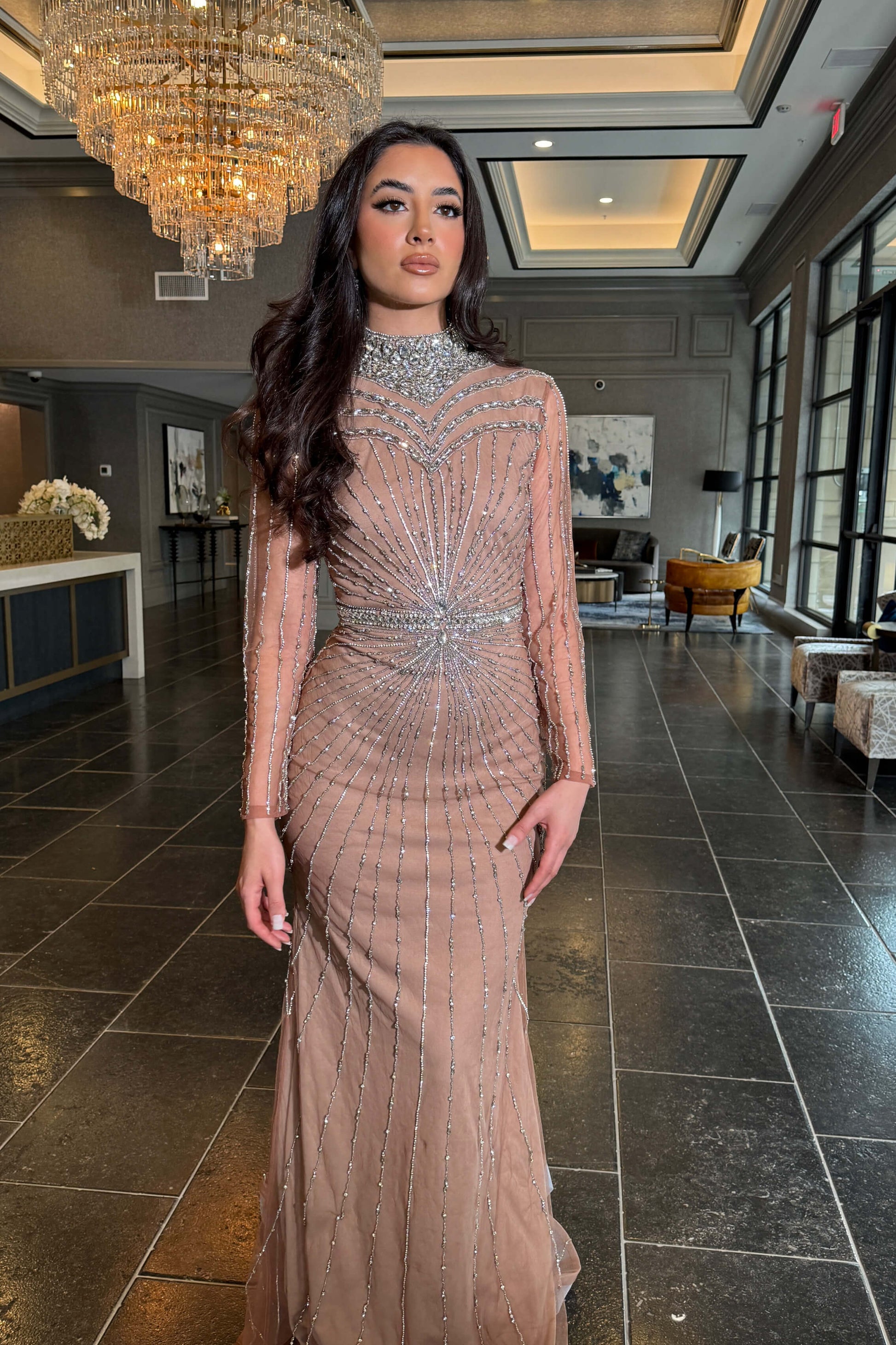 beaded high neck dress Glamorous Nude High-Neck Beaded Gown M