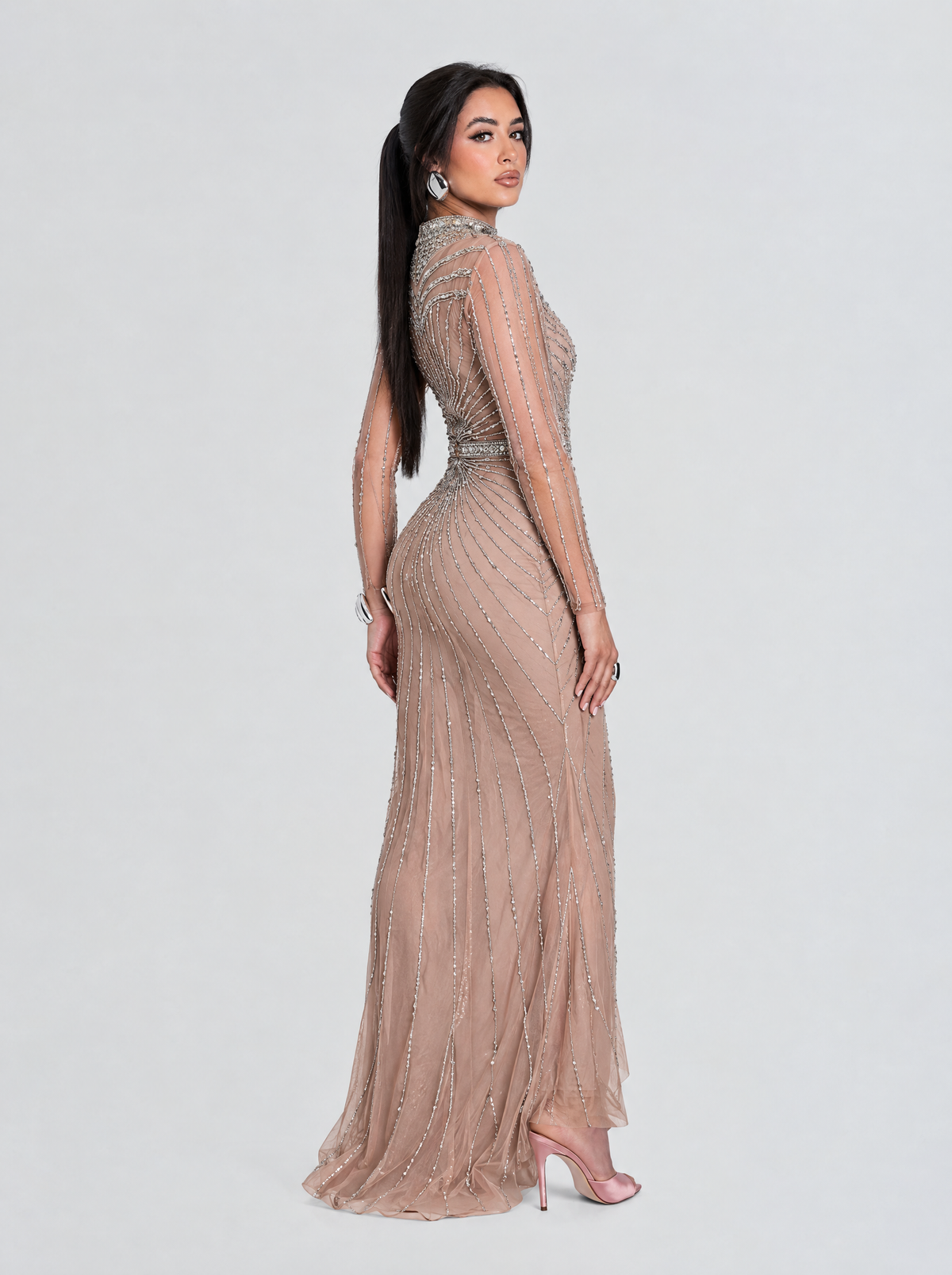 Rania Long Sleeve Beaded High Neck Dress